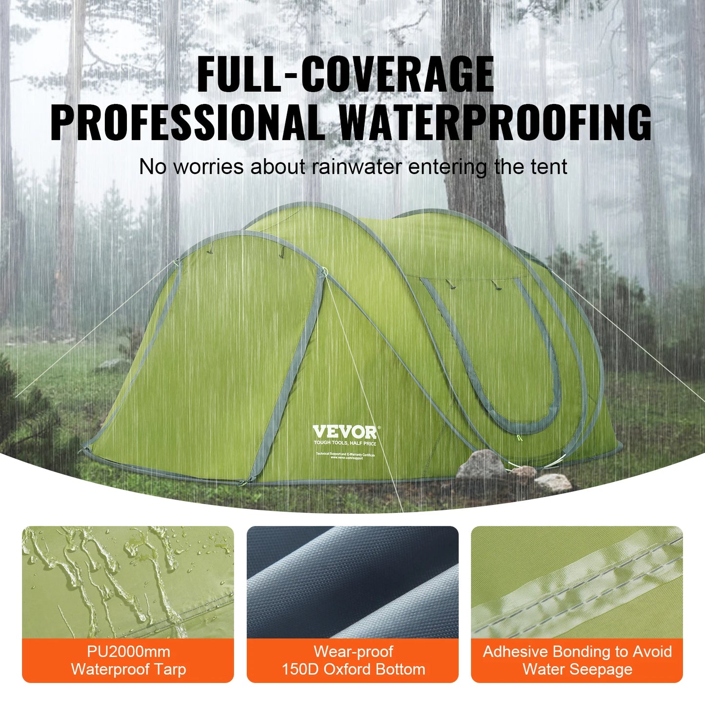 VEVOR Camping Tent Pop Up Tent for 4 Person Easy Setup Waterproof Backpacking Tent with Door & Window for Outdoor Family Camping