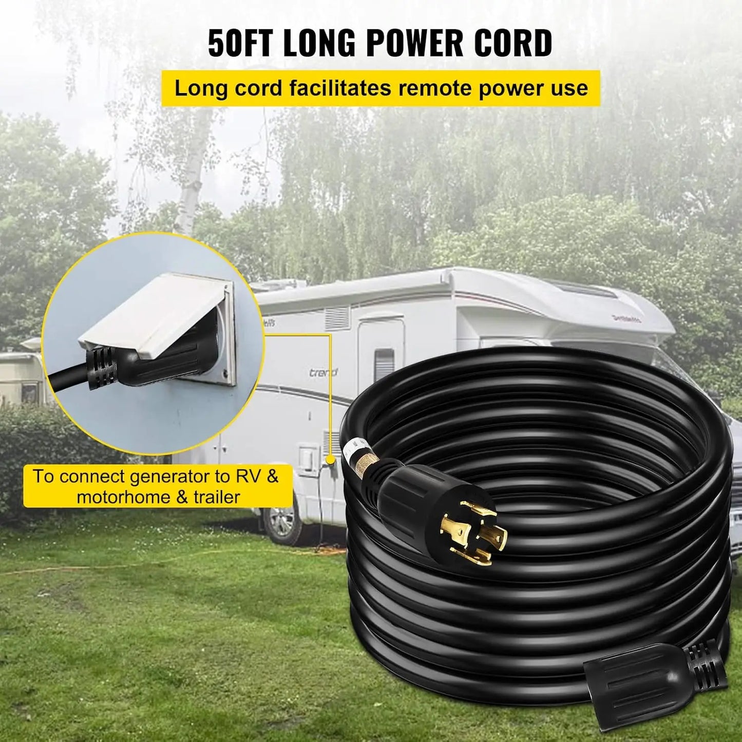 50 FT 30 Amp Generator Extension Cord SJTW 10 AWG 4 Prong, NEMA L14-30P 125/250V Heavy Duty Generator Power Cord