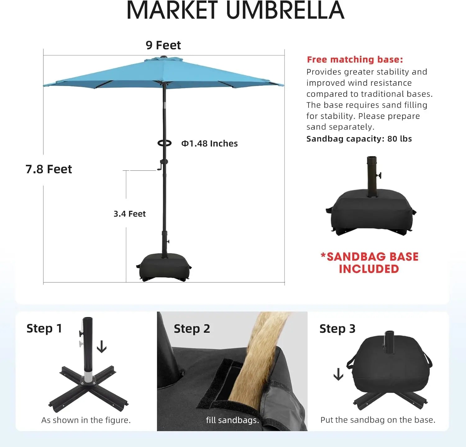 9Ft Patio Umbrellas With Base Luded, Outdoor Umbrella With Sandbag Base, 8 Sturdy Ribs, Fade Resistant Waterproof Polyester Dty - Jimmys Supplies