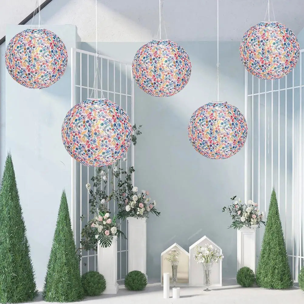 12 inch LED Solar Chinese Lantern Round Ball Printed Decorative Lantern Hanging for Home Yard Park Lighting Outdoor Decor - Jimmys Supplies