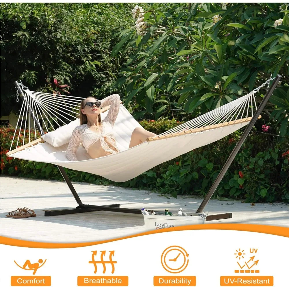 Quilted Fabric Hammock with 12 Feet Stand Double Hammock for Two People Indoor Outdoor Patio Garden - Jimmys Supplies