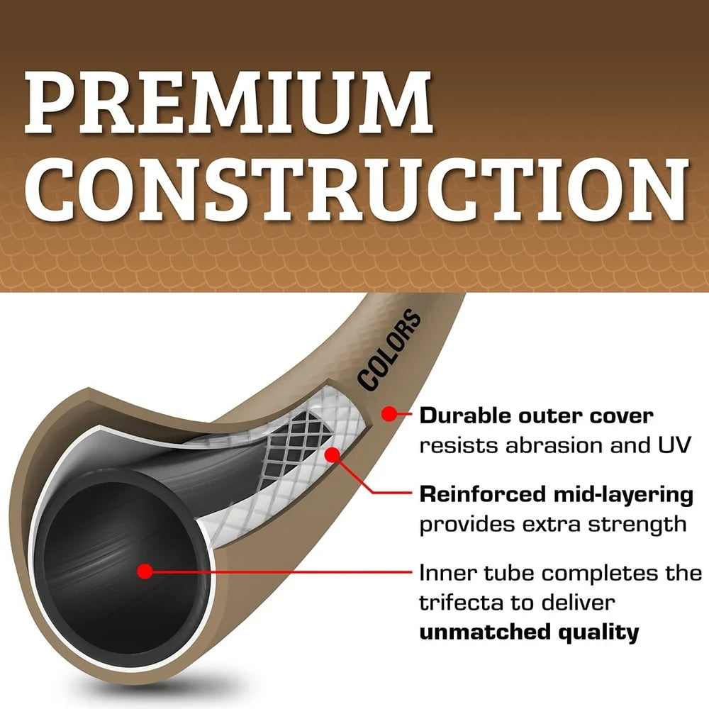 Premium Garden Hose 5/8in x 50ft Flexible Hybrid Polymer Abrasion Resistant Crush Proof Fittings Leak Free Connection Outdoor