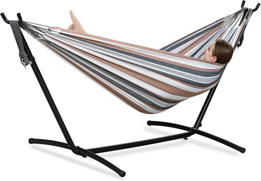 Double Hammocks with Stand for Outside, Portable Space Saving Heavy-Duty Steel Stand for Indoor Outdoor Patio with Carrying Bag