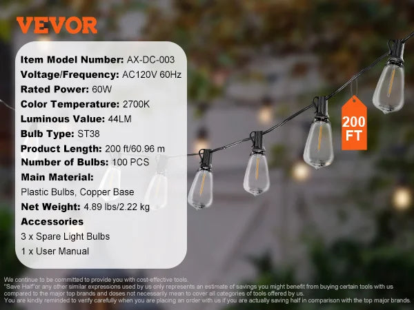 SucceBuy LED Outdoor String Lights 2700K Dimmable Outside Patio Waterproof Hanging Lights for Porch Backyard Garden Balcony