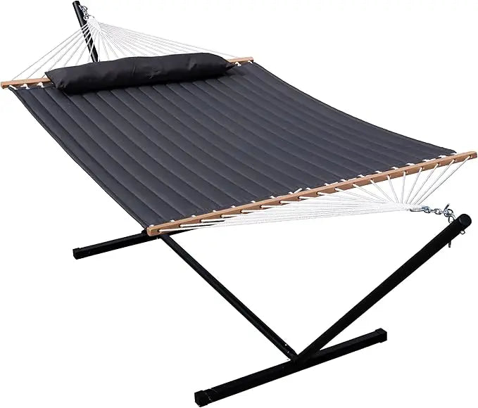 Quilted Fabric Hammock with 12 Feet Stand Double Hammock for Two People Indoor Outdoor Patio Garden - Jimmys Supplies