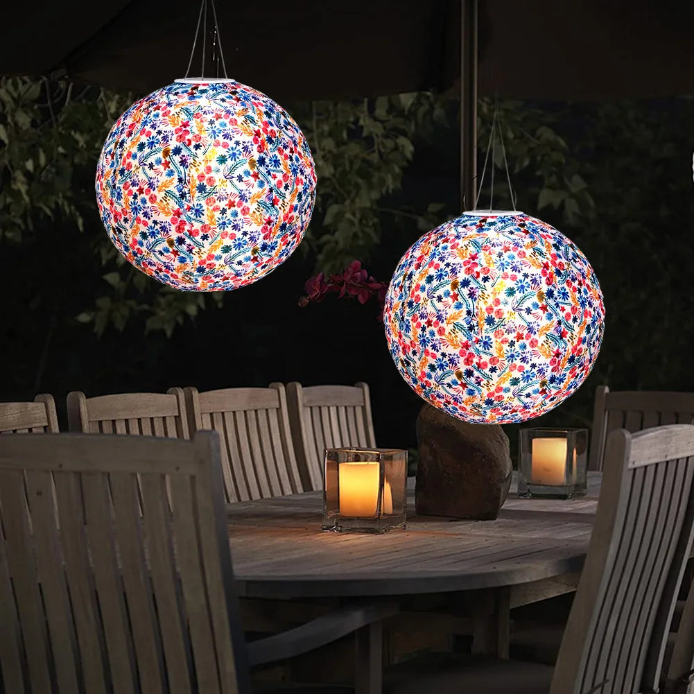 12 inch LED Solar Chinese Lantern Round Ball Printed Decorative Lantern Hanging for Home Yard Park Lighting Outdoor Decor - Jimmys Supplies