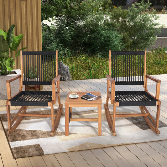 3pcs Patio Acacia Wood Bistro Table Rocking Chair Set All-Weather Rope Outdoor - Jimmys Supplies