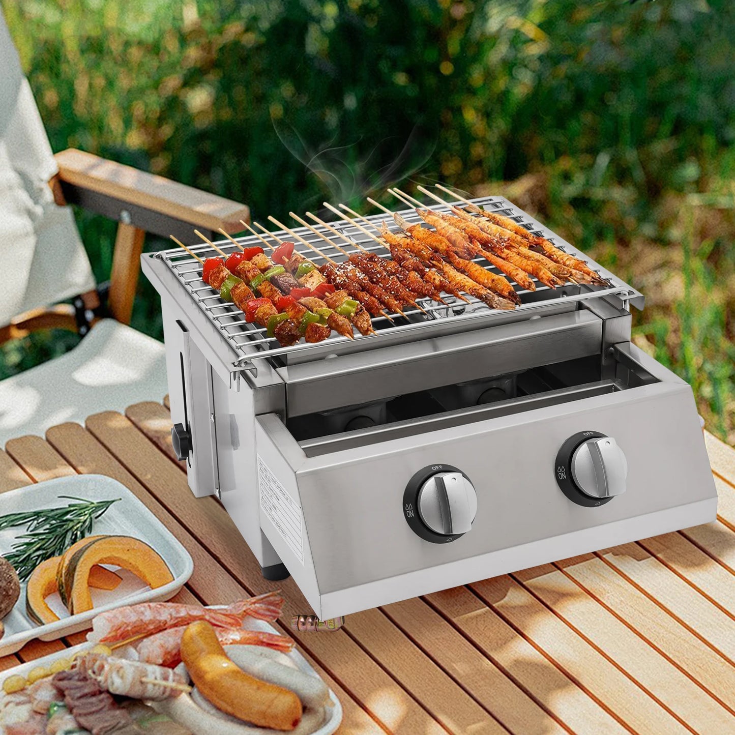 Camping BBQ Tabletop 2 Burner Gas Grill Outdoor Steel Shield Stainless Steel - Jimmys Supplies