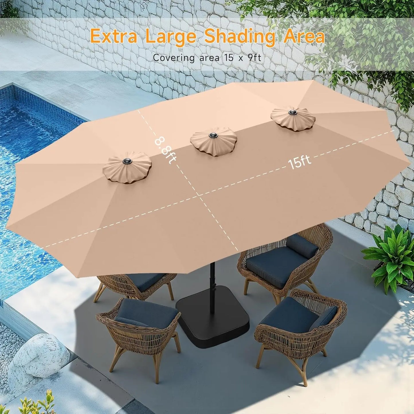 15ft Patio Umbrella with Base Included, Extra Large Shade Area, Double Sided Rectangle with Crank Handle for Poolside, Beige