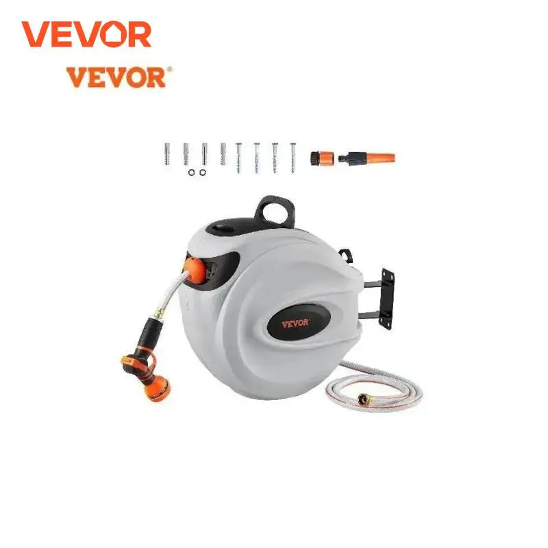 SucceBuy Retractable Hose Reel 180° Swivel Bracket Wall-Mounted Garden Water Hose Reel with 9-Pattern Nozzle Automatic Rewind - Jimmys Supplies