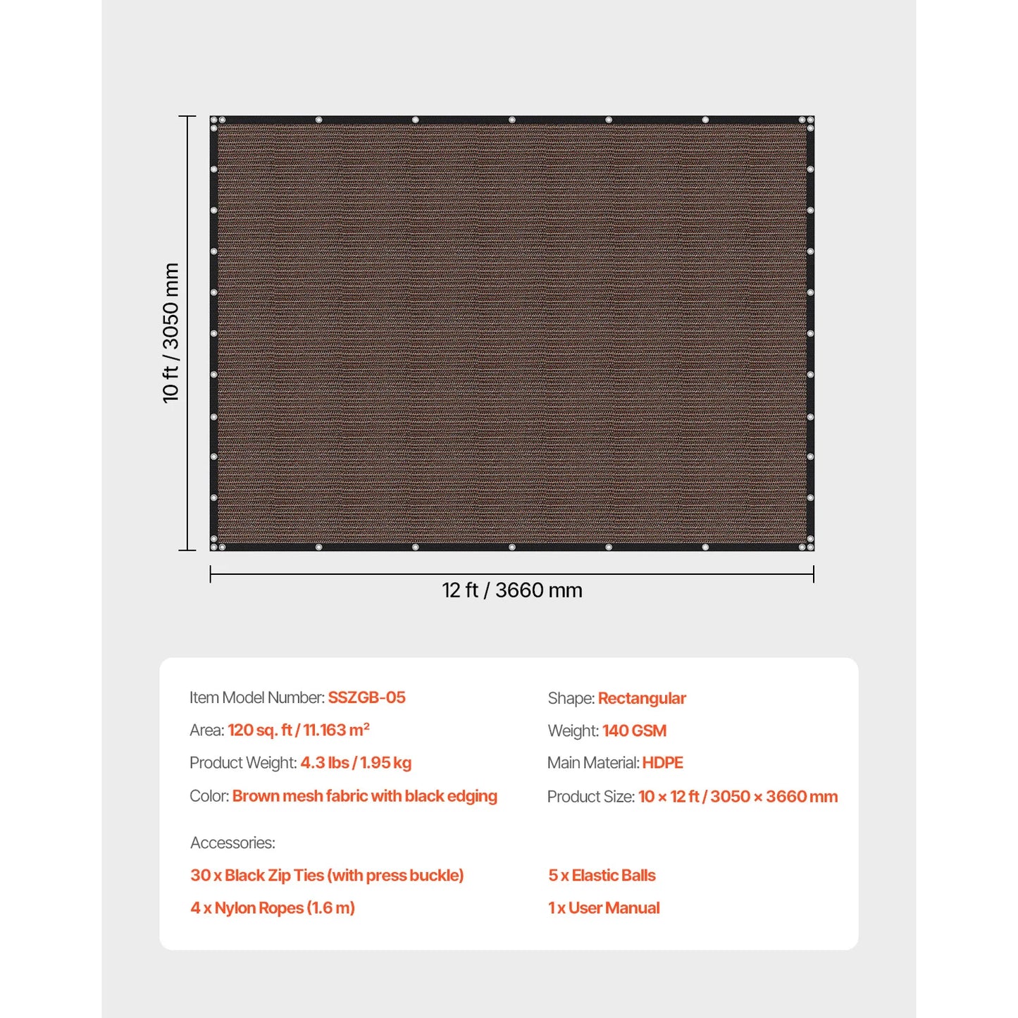 VEVOR 90% Sun Shade Cloth 10x10/12/20ft Pergola Shade Cover 140 GSM HDPE Canopy Privacy Screen for Outdoor Patio Garden Backyard - Jimmys Supplies