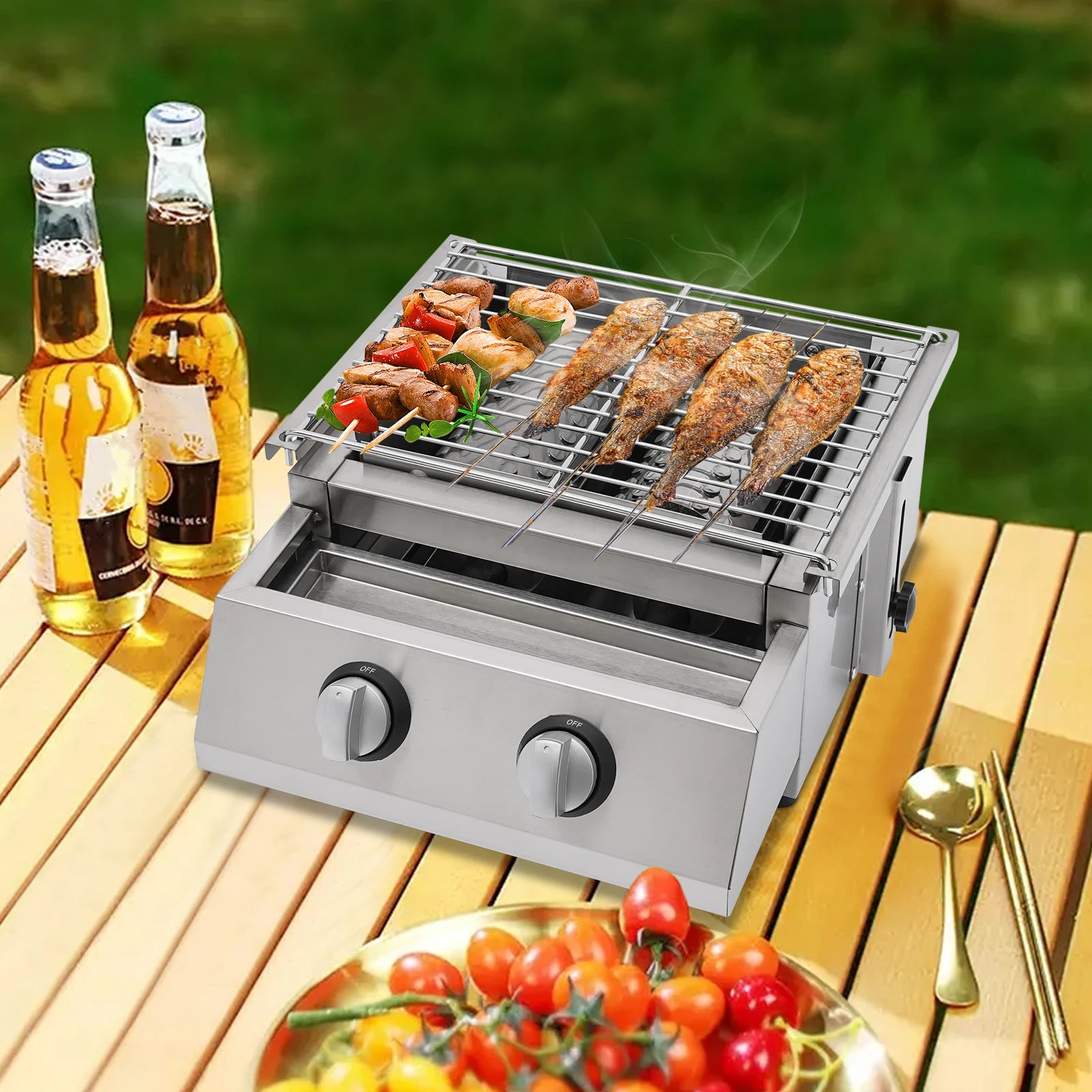 Camping BBQ Tabletop 2 Burner Gas Grill Outdoor Steel Shield Stainless Steel - Jimmys Supplies