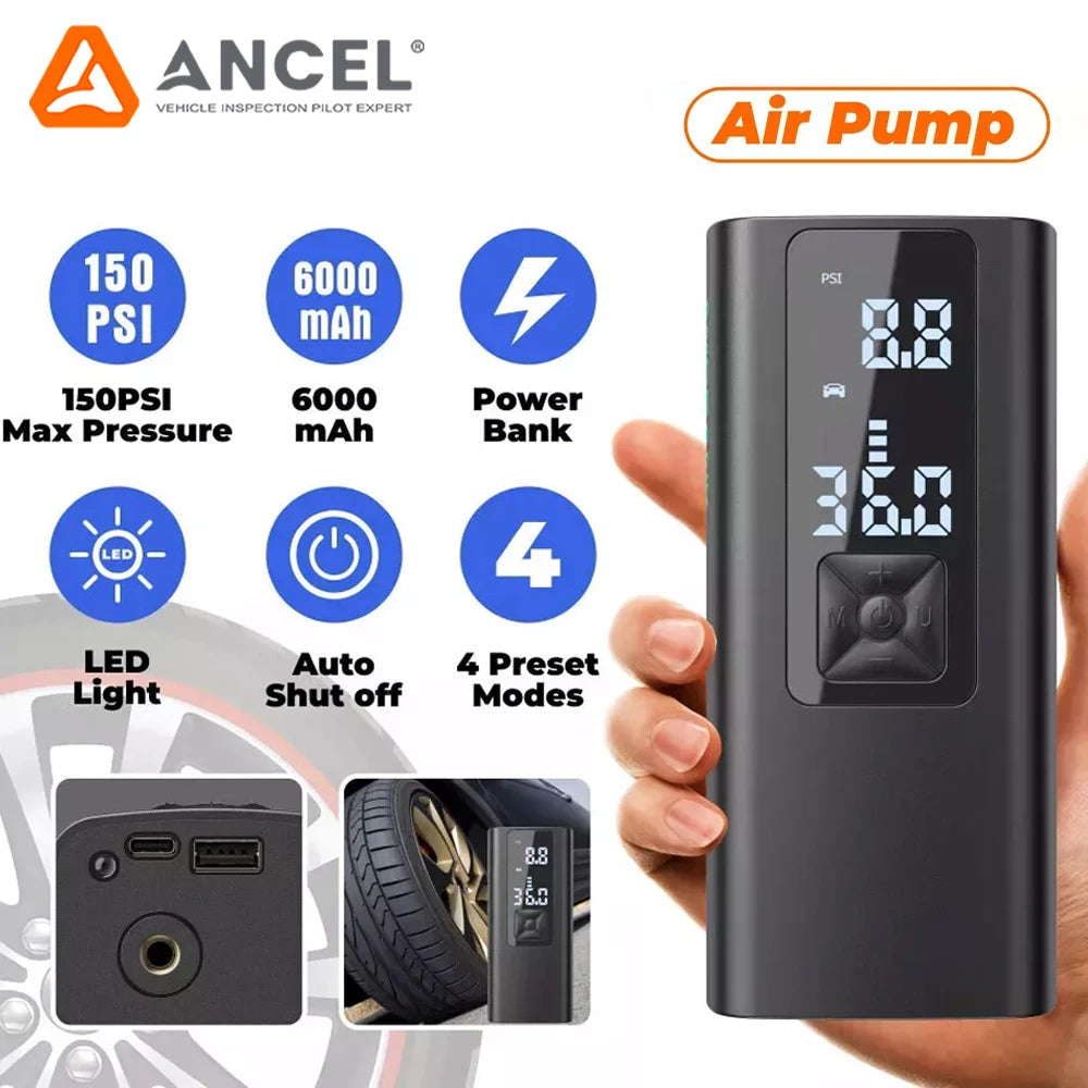 ANCEL 6000mAh Portable Car 12V Electric Inflatable Pump Handheld Wireless Compressor Tire Pump Inflators