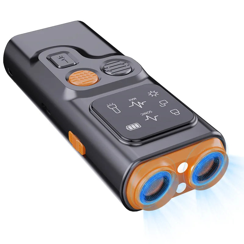 The new ultrasonic dog repeller has a screen bark stopper illumination, a flashing light, and a distress light