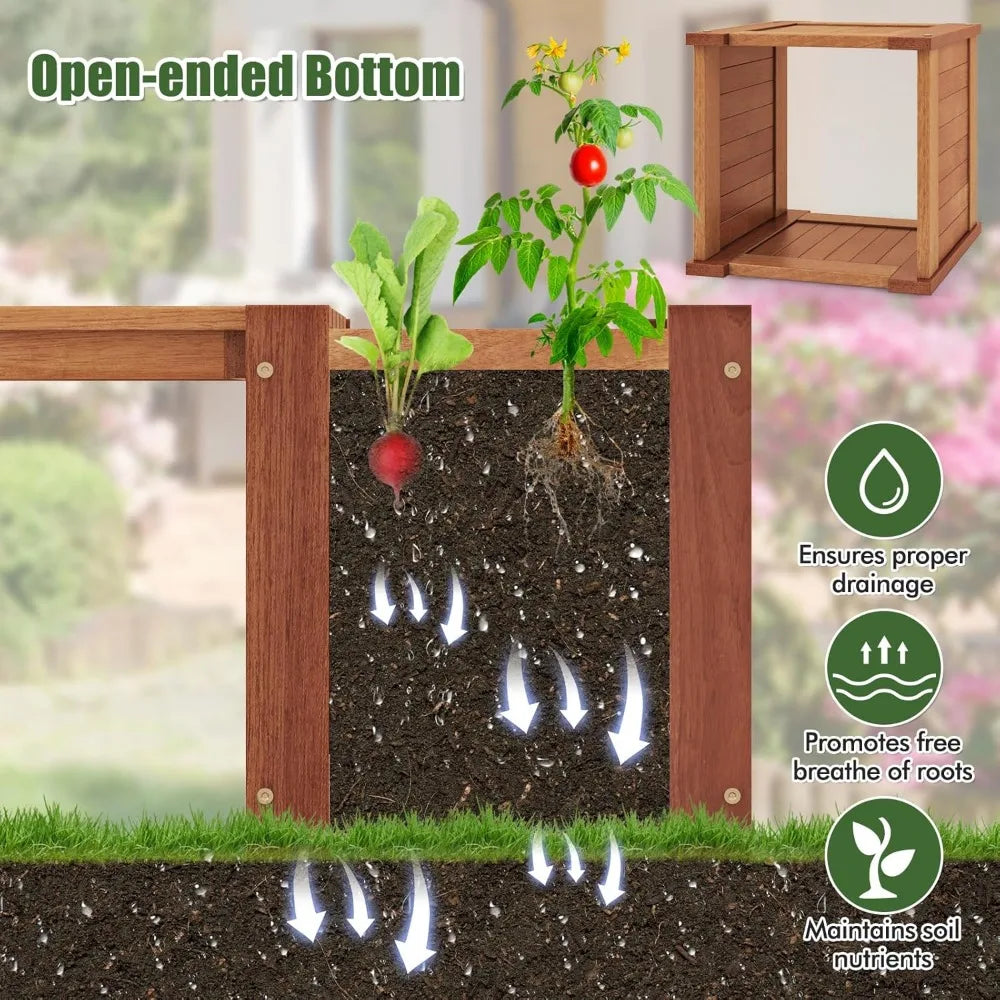 Set of 2 Outdoor Bench with Raised Garden Beds, 4-in-1 Wood Seat with Teak Oil Finish, Planter Boxes with Open-Ended Base, Gard