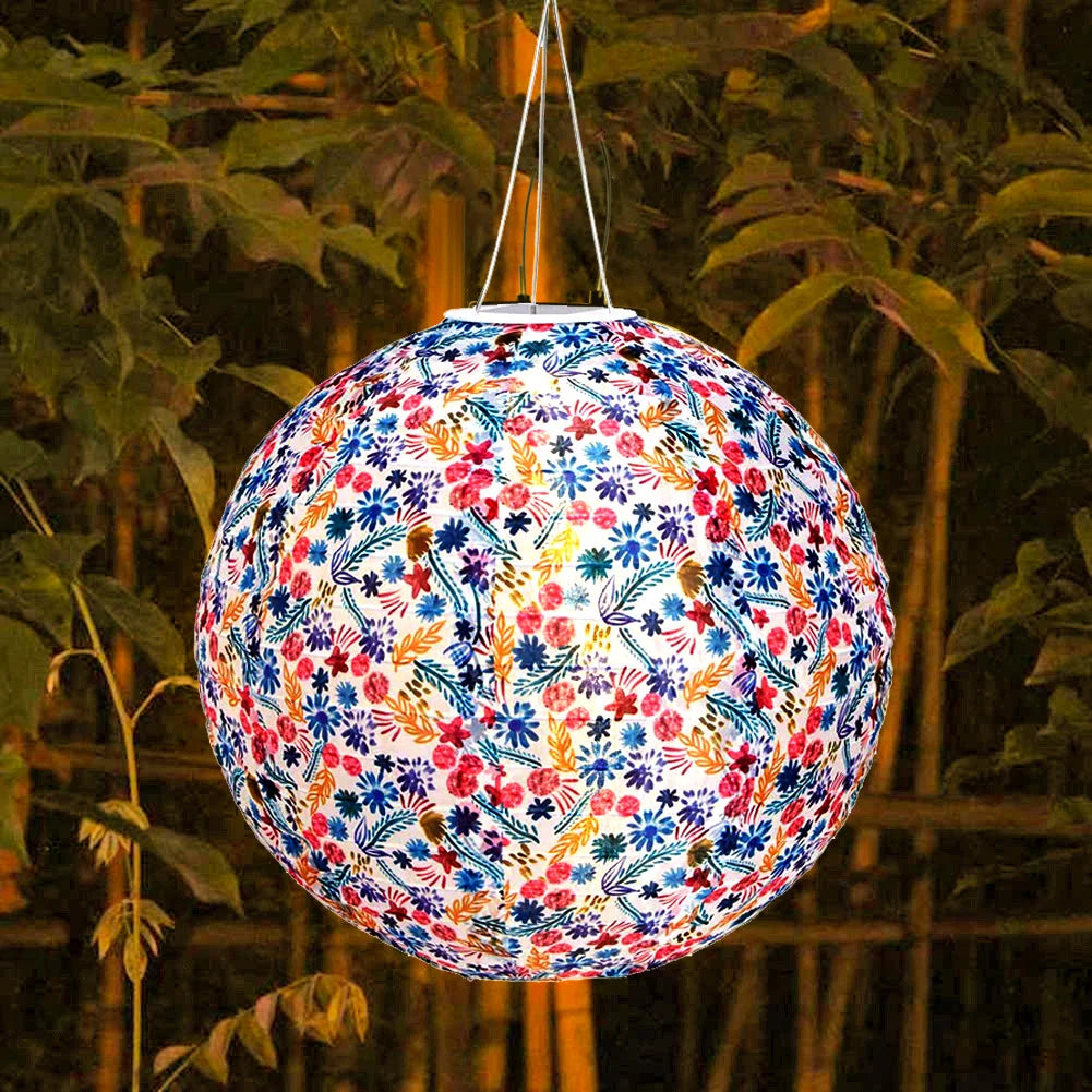 12 inch LED Solar Chinese Lantern Round Ball Printed Decorative Lantern Hanging for Home Yard Park Lighting Outdoor Decor - Jimmys Supplies