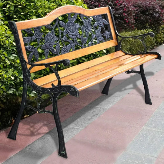 Patio Bench Outdoor Furniture Rose Cast Iron Hardwood Frame Porch Loveseat Weather Proof Porch Path Chair - Jimmys Supplies