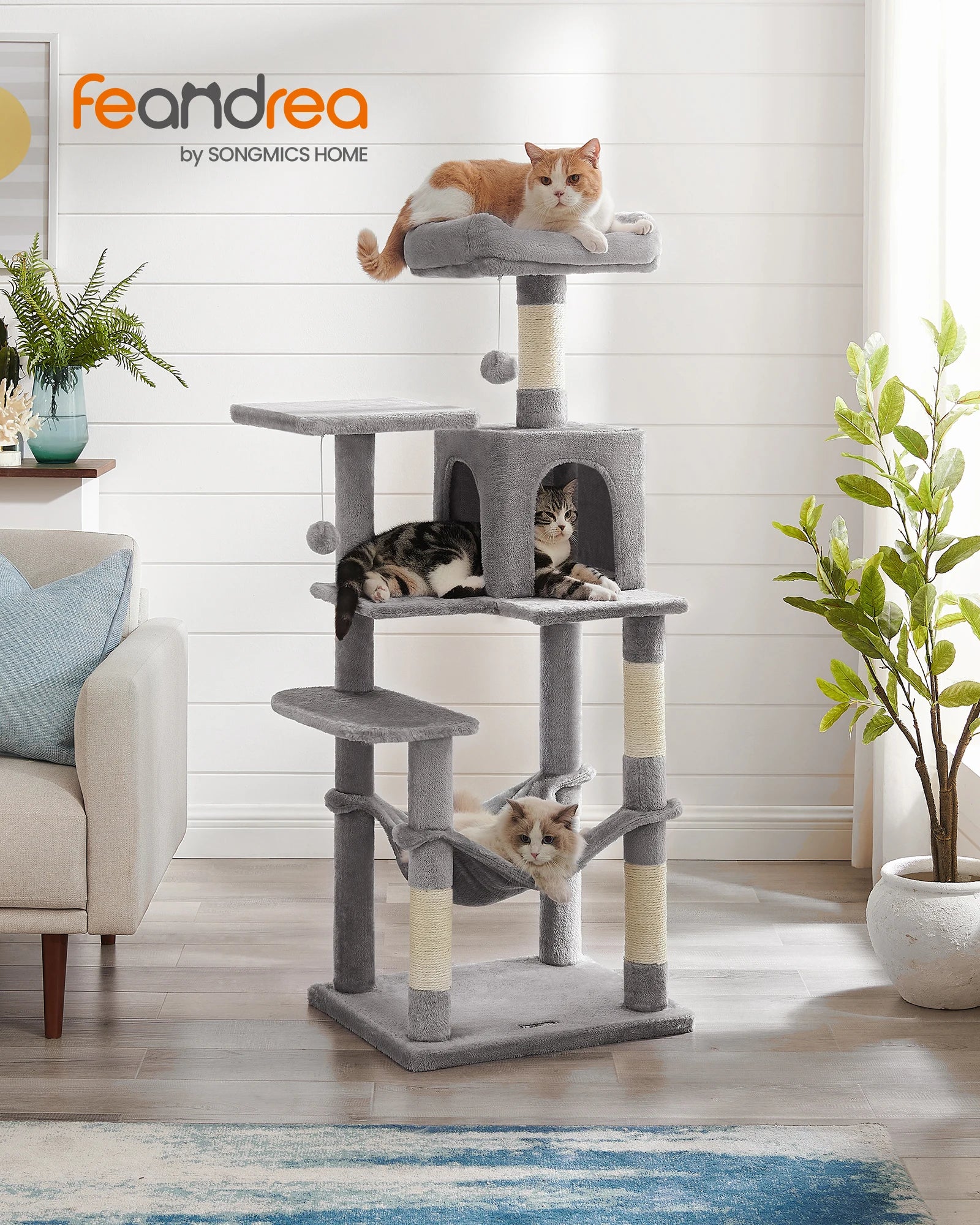 Feandrea Cat Tree, 56.3-Inch Cat Tower for Indoor Cats, Multi-Level Cat Condo with 4 Scratching Posts, 2 Perches, Hammock, Cave - Jimmys Supplies