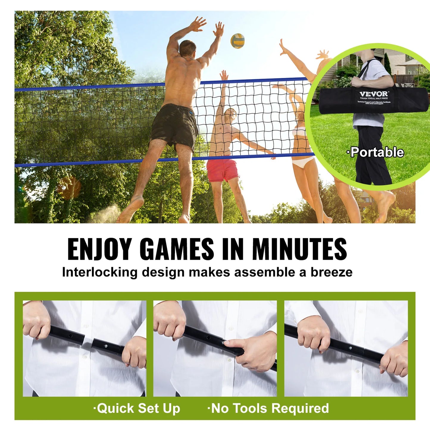 VEVOR Outdoor Volleyball Net System Adjustable Height Steel Poles with PVC Volleyball Pump Carrying Bag for Backyard Beach Lawn - Jimmys Supplies