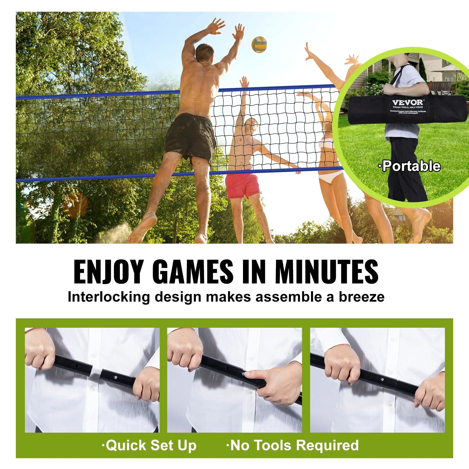 VEVOR Outdoor Volleyball Net System Adjustable Height Steel Poles with PVC Volleyball Pump Carrying Bag for Backyard Beach Lawn - Jimmys Supplies