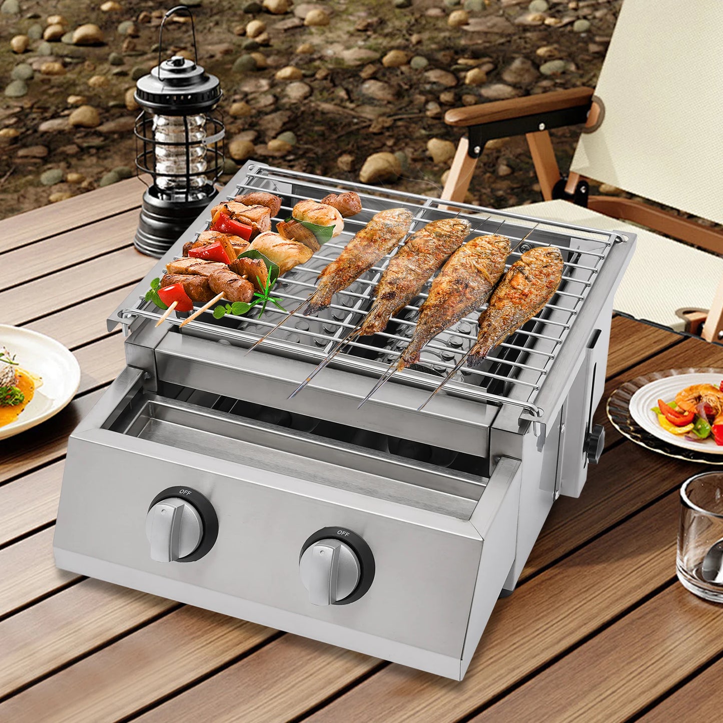 Camping BBQ Tabletop 2 Burner Gas Grill Outdoor Steel Shield Stainless Steel - Jimmys Supplies