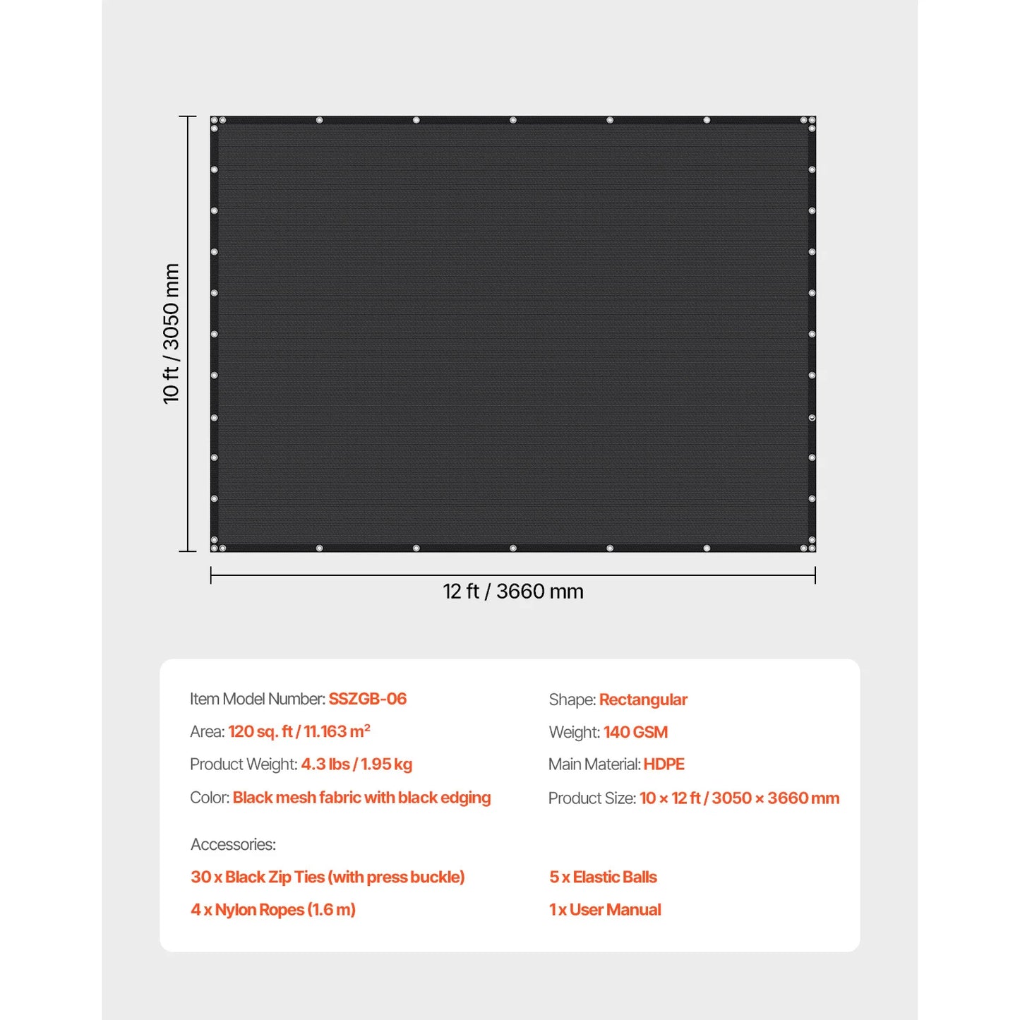 VEVOR 90% Sun Shade Cloth 10x10/12/20ft Pergola Shade Cover 140 GSM HDPE Canopy Privacy Screen for Outdoor Patio Garden Backyard - Jimmys Supplies