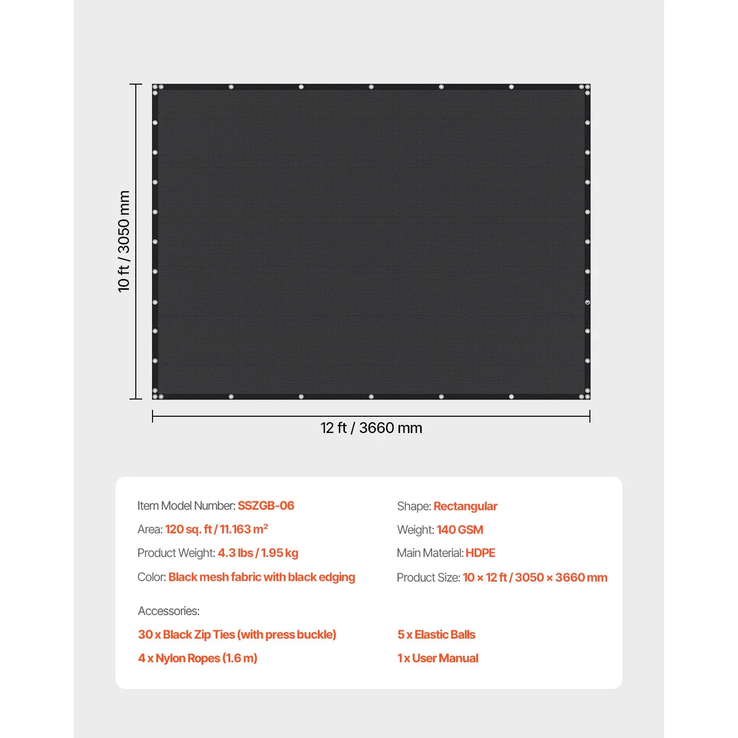 VEVOR 90% Sun Shade Cloth 10x10/12/20ft Pergola Shade Cover 140 GSM HDPE Canopy Privacy Screen for Outdoor Patio Garden Backyard - Jimmys Supplies