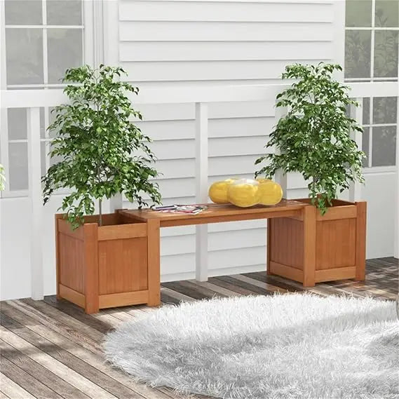 Wooden Bench with Planter Box Outdoor Garden Seat Durable Weatherproof Teak Oil Finish Deep Planters Detachable Bench 330 lbs We