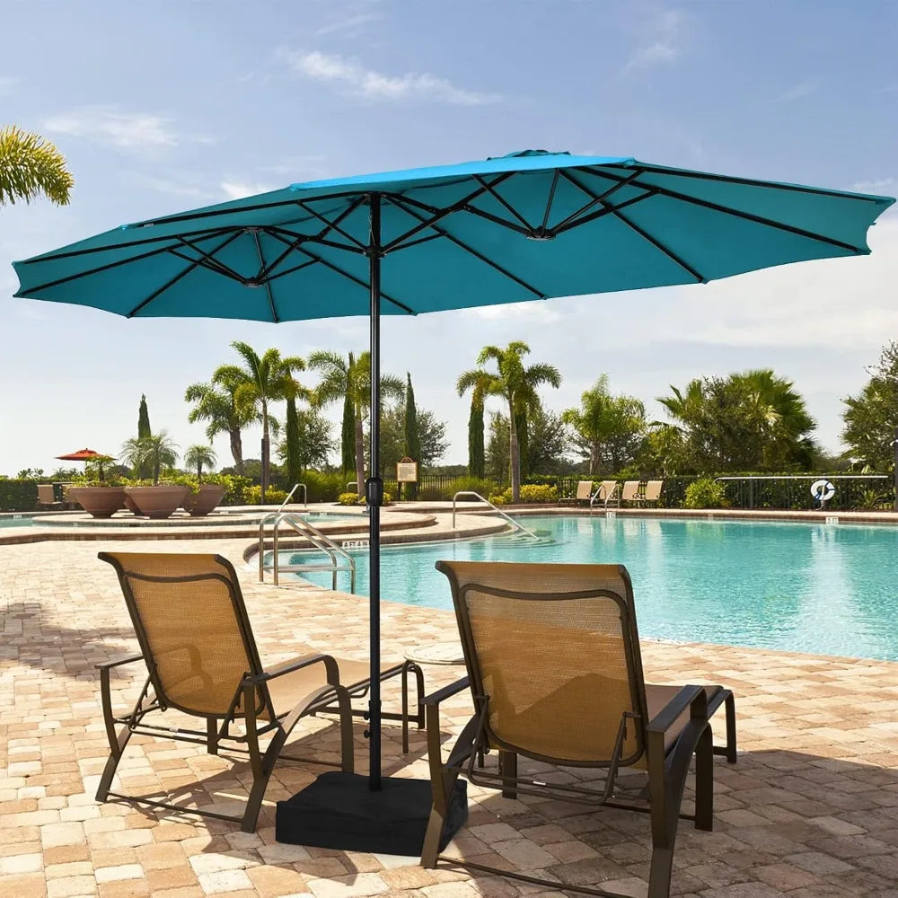 15FT Double-Sided Patio Umbrella with Base, Extra-Large Market Umbrella W/Crank System, Outdoor Twin Umbrella