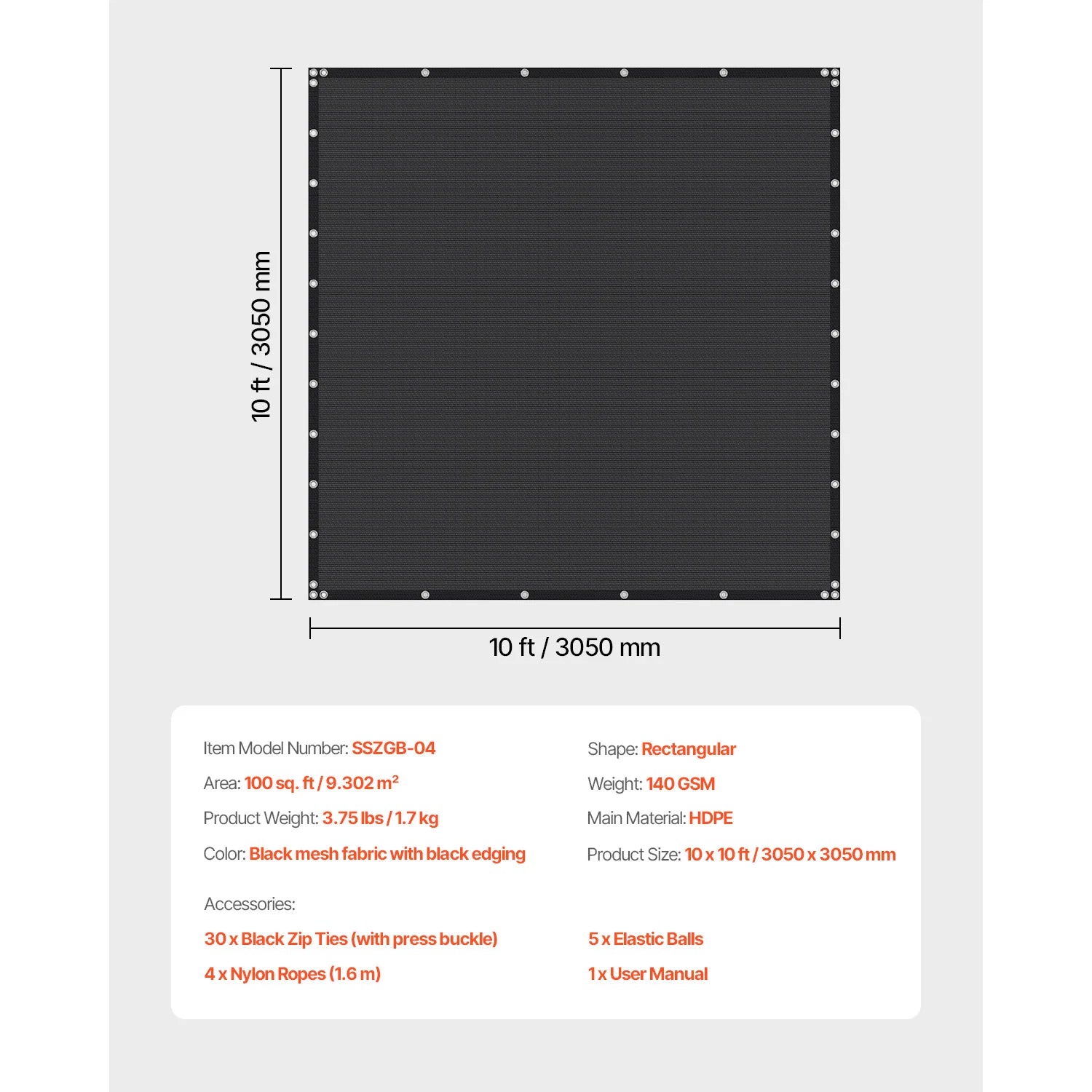 VEVOR 90% Sun Shade Cloth 10x10/12/20ft Pergola Shade Cover 140 GSM HDPE Canopy Privacy Screen for Outdoor Patio Garden Backyard - Jimmys Supplies