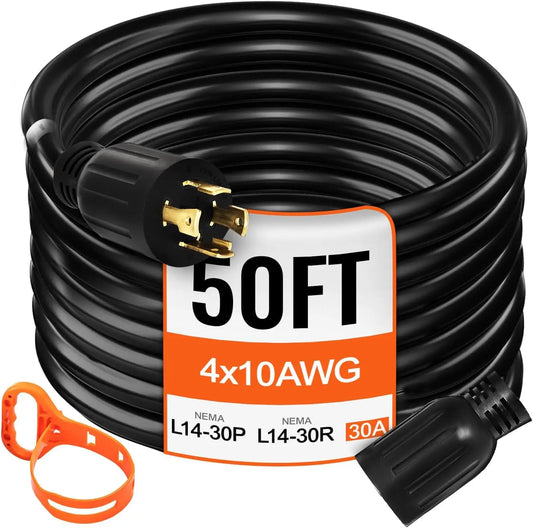 50 FT 30 Amp Generator Extension Cord SJTW 10 AWG 4 Prong, NEMA L14-30P 125/250V Heavy Duty Generator Power Cord