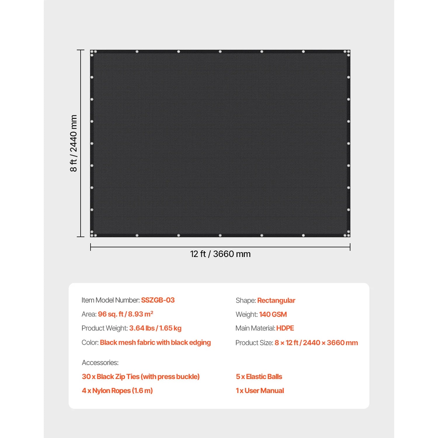 VEVOR 90% Sun Shade Cloth 10x10/12/20ft Pergola Shade Cover 140 GSM HDPE Canopy Privacy Screen for Outdoor Patio Garden Backyard - Jimmys Supplies