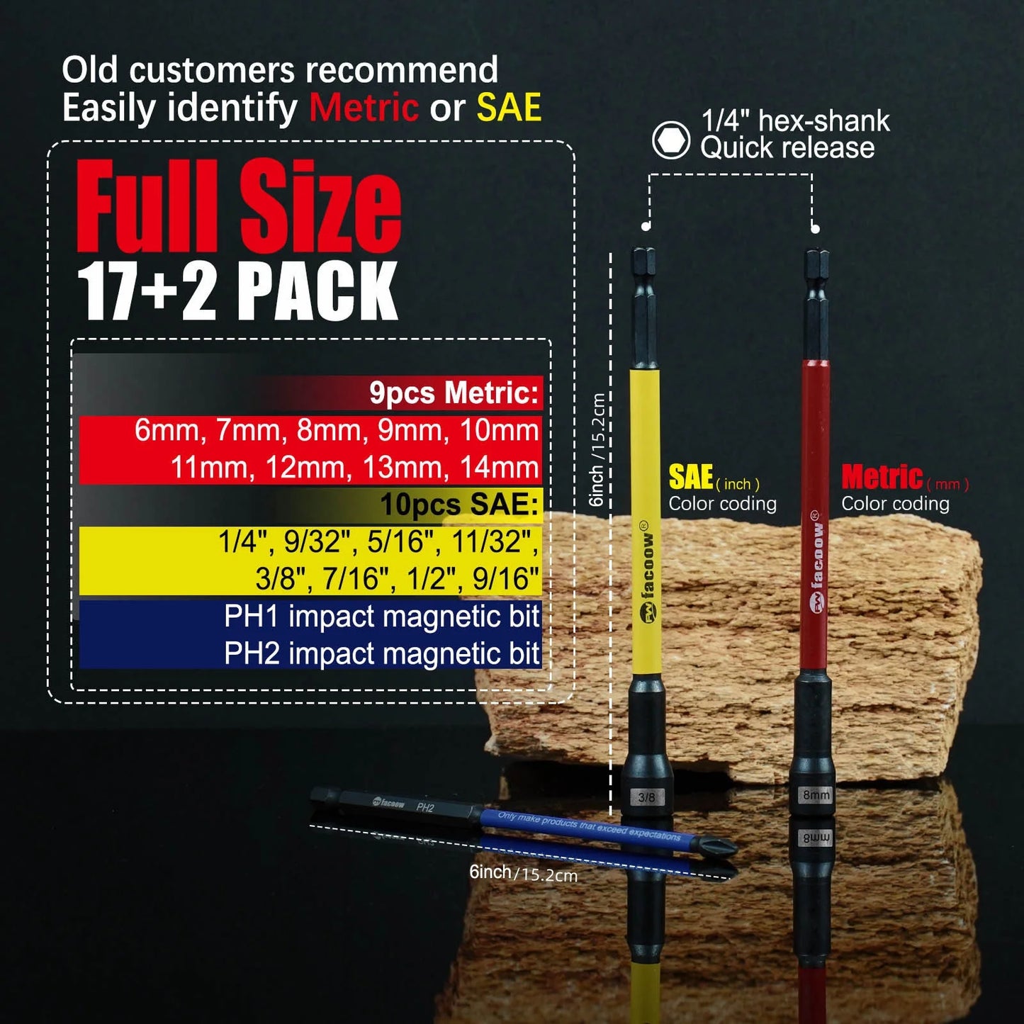 Magnetic Nut Driver Set for Impact Drill, 19 Pcs with Metric & SAE Including PH1 & PH2, 6 Inch Extra Long Nut Driver Set with St