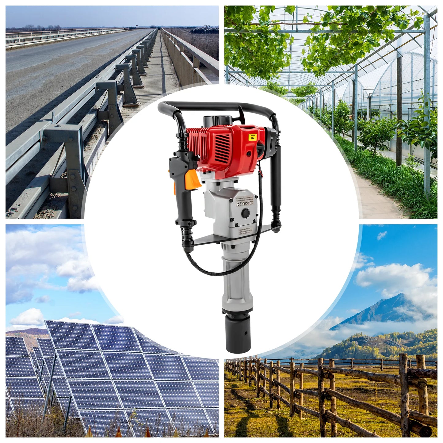 1900W Gasoline Pile Driver 52cc 2 Stroke Engine Post Driver Air Cooling Single-cylinder Petrol Garden Fencing Push Pile Tool