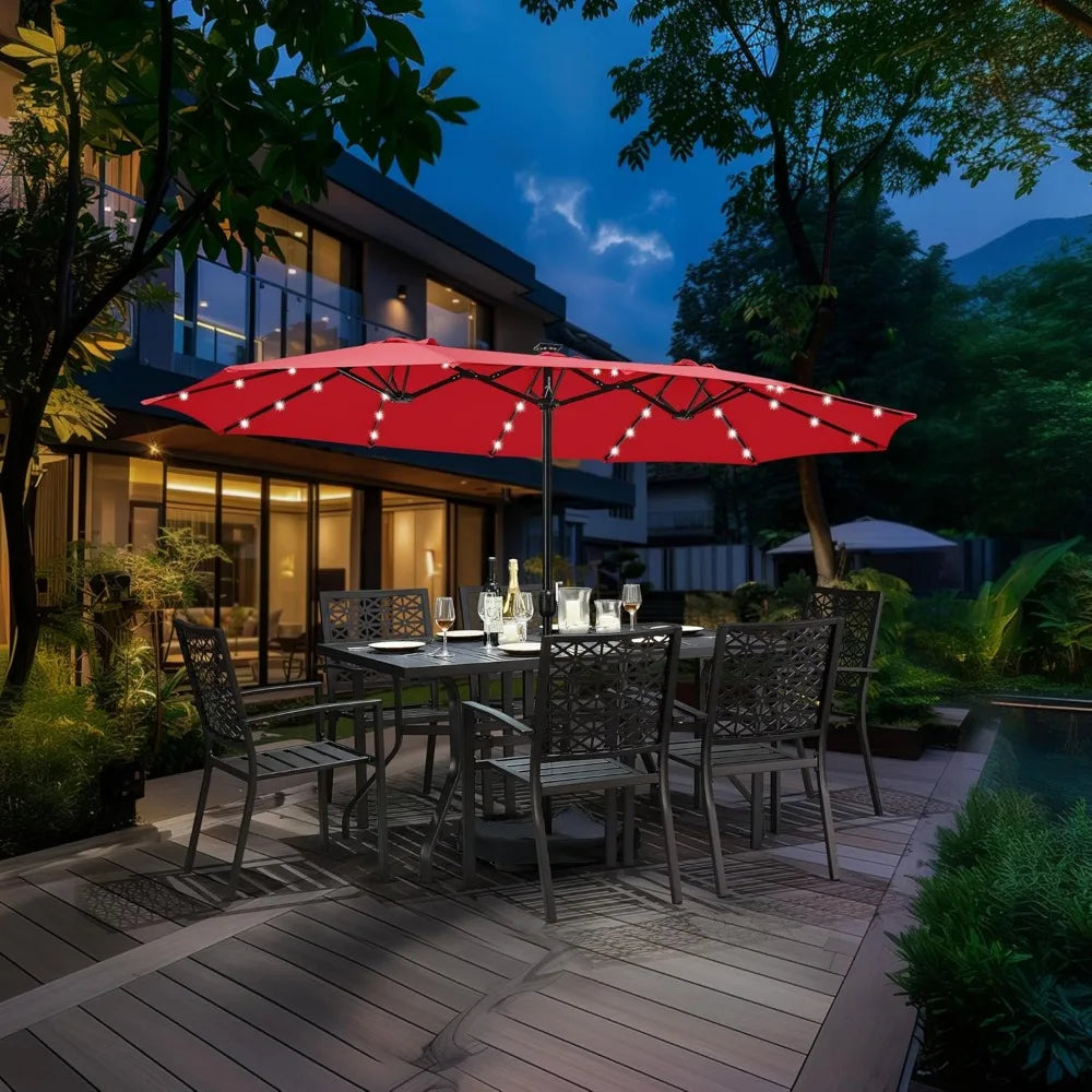 13 ft Large Patio Umbrella with Solar Lights Double-Sided Outdoor Rectangle Market Umbrellas with 36 LED Lights/Base Included/E