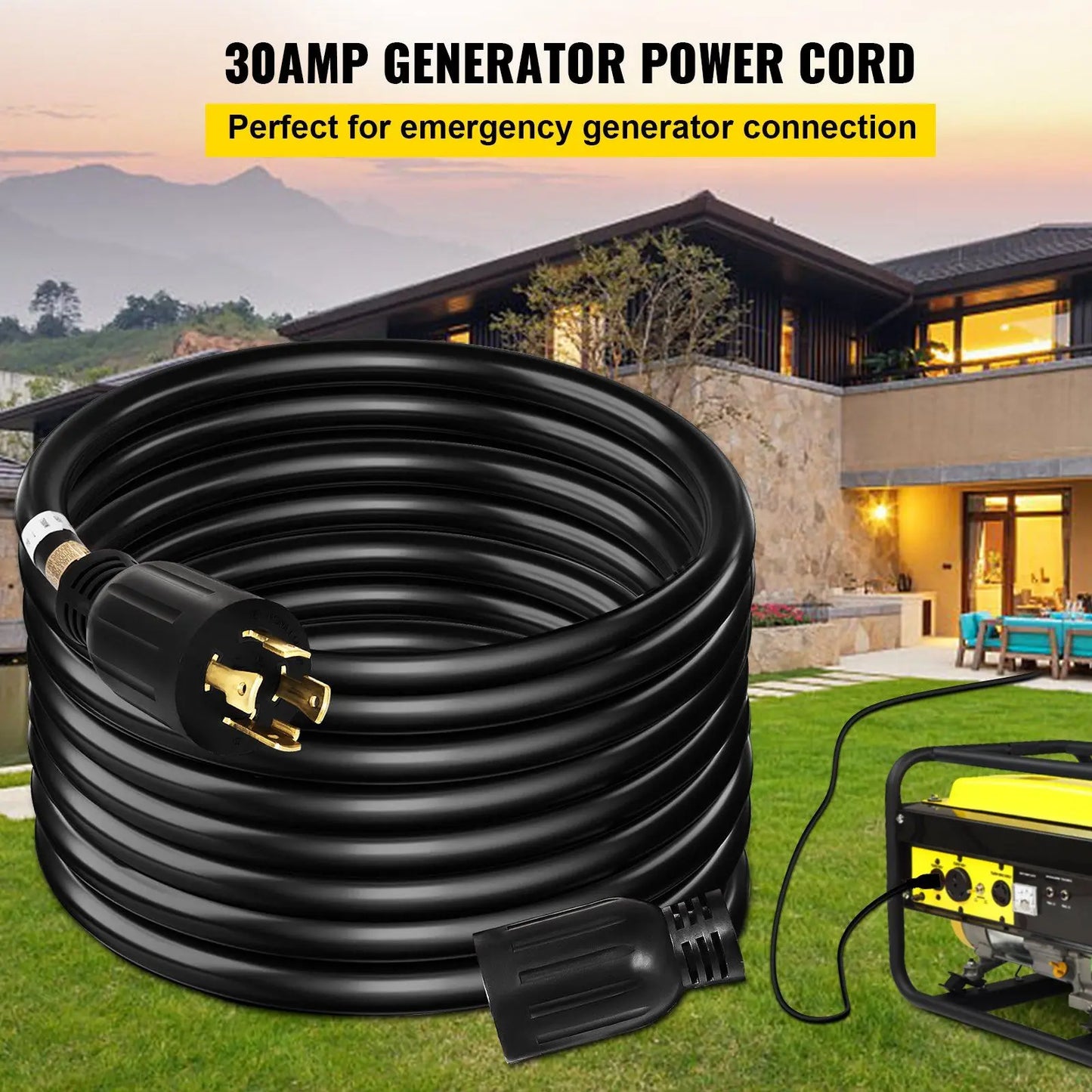 50ft 30A Generator Cord – 10-gauge, 125/250V with twist-lock connectors. Heavy-duty 4-wire power extension.