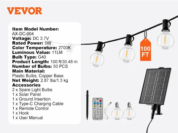 VEVOR LED Outdoor String Lights 2700K Dimmable Waterproof - Jimmys Supplies
