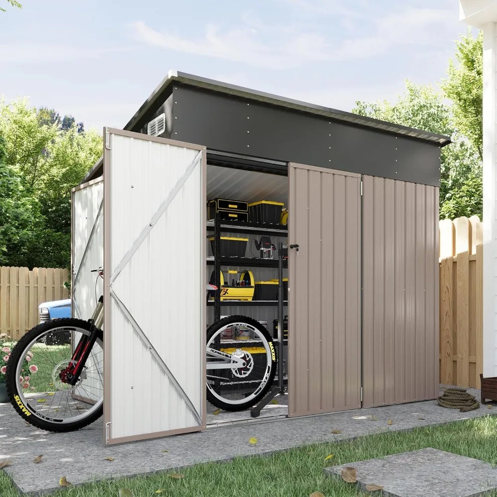 7.5'x5.5' Outdoor Storage Shed with Triple Lockable Doors, Metal Storage Cabinets with Sloping Roof for Tools and Bikes - Jimmys Supplies