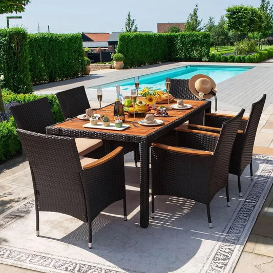 Dining 7 PCS Furniture, Patio Conversation Set with Acacia Wood Table Top, Rattan Outdoor - Jimmys Supplies