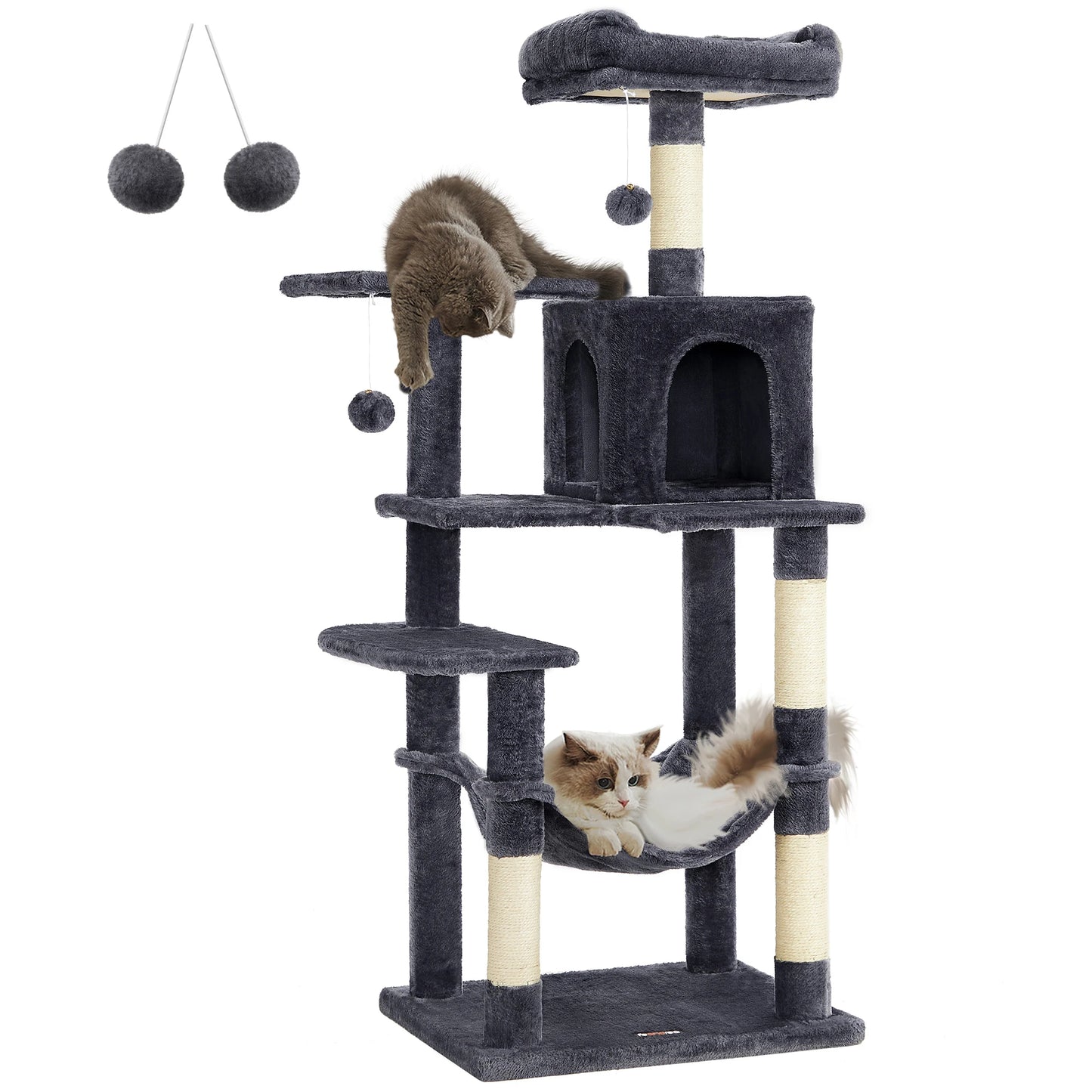 Feandrea Cat Tree, 56.3-Inch Cat Tower for Indoor Cats, Multi-Level Cat Condo with 4 Scratching Posts, 2 Perches, Hammock, Cave - Jimmys Supplies