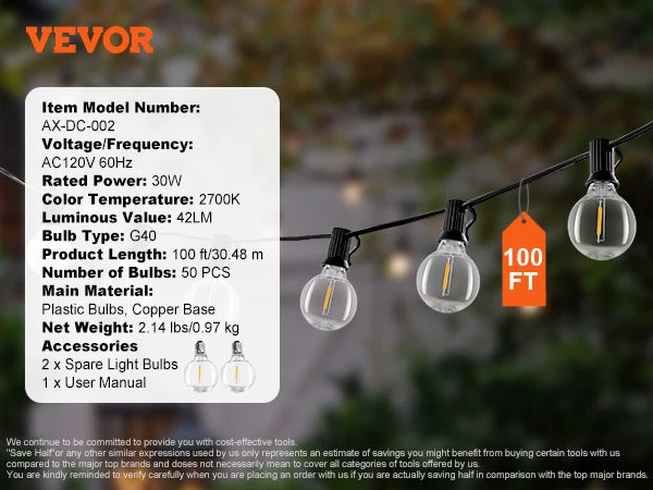 SucceBuy LED Outdoor String Lights 2700K Dimmable Outside Patio Waterproof Hanging Lights for Porch Backyard Garden Balcony