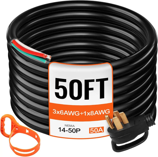 50FT 50Amp Generator Extension Cord 6 Gauge STW 6/3+8/1 RV Power Cord NEMA 14-50P to Bare Wire