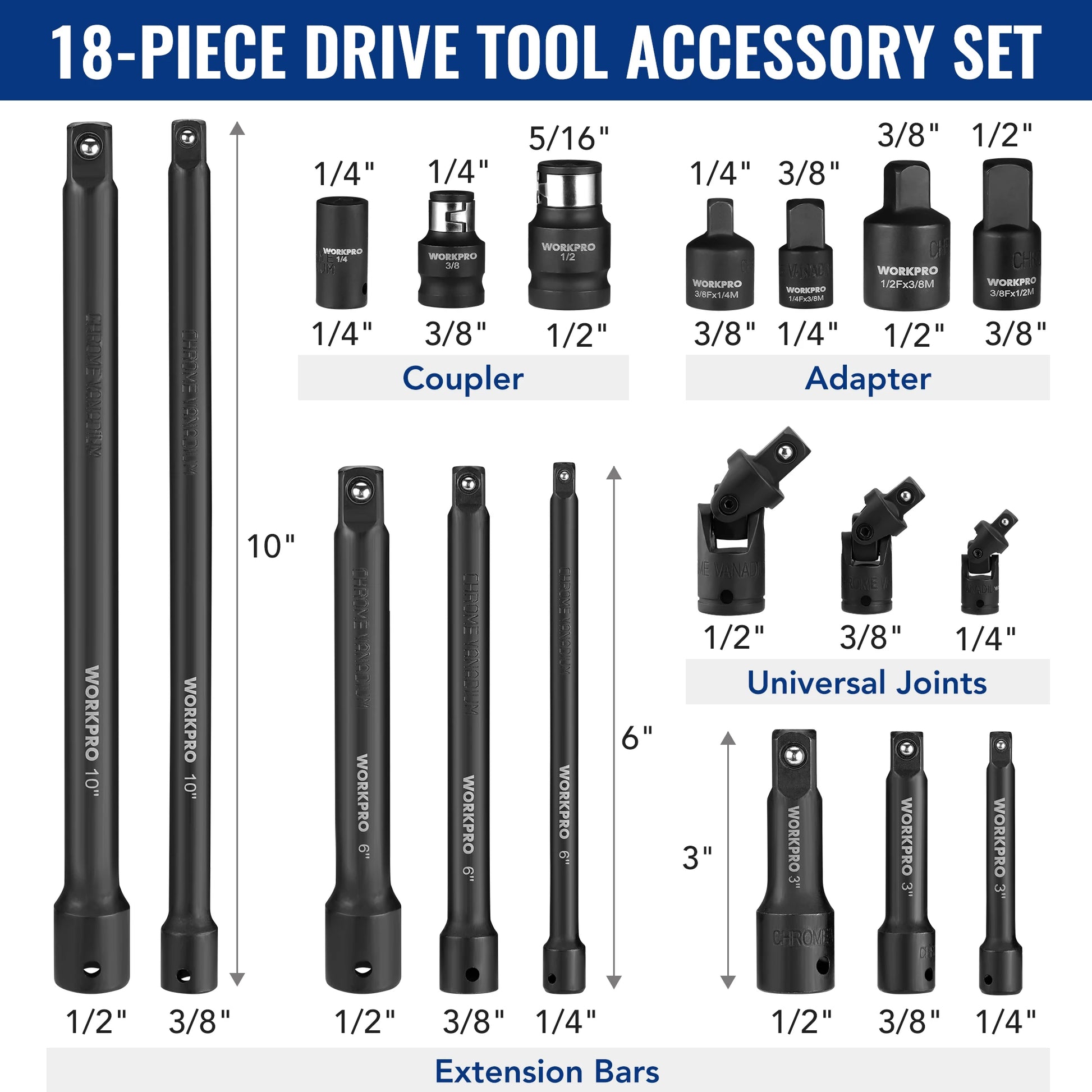 WORKPRO 18 Piece Drive Tool Accessory Set with Socket Adapters Socket Extension Bar Swivel Universal Joints and Impact Coupler - Jimmys Supplies