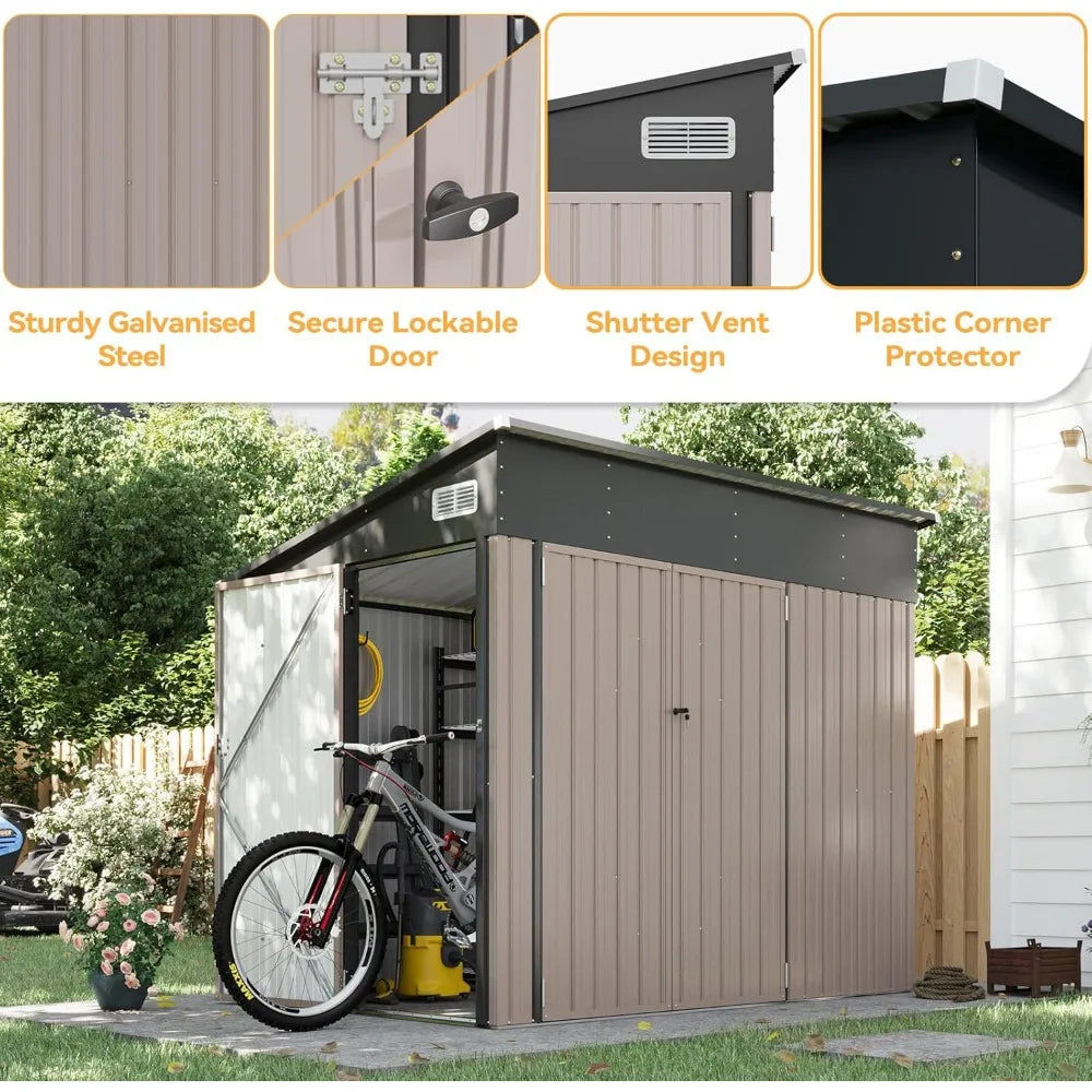 7.5'x5.5' Outdoor Storage Shed with Triple Lockable Doors, Metal Storage Cabinets with Sloping Roof for Tools and Bikes - Jimmys Supplies