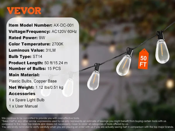 VEVOR LED Outdoor String Lights 2700K Dimmable Waterproof - Jimmys Supplies