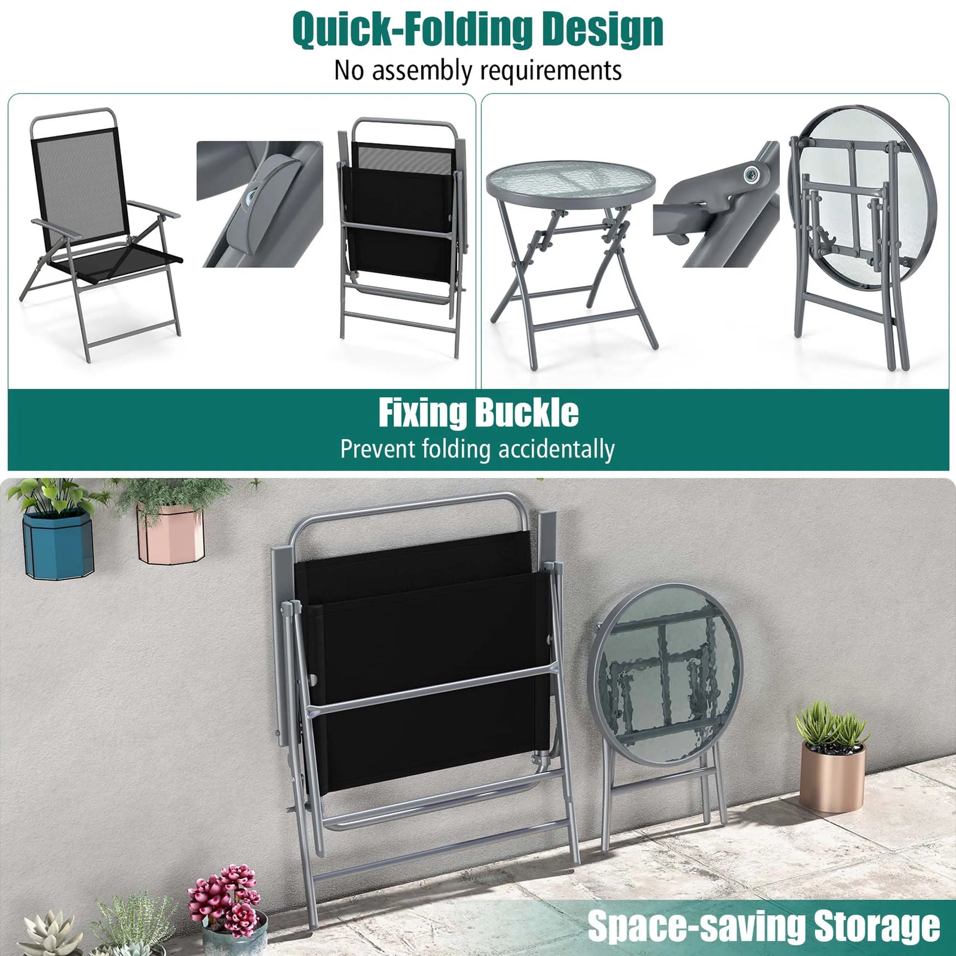 3pcs Patio Folding Table Chair Set Extra-Large Seat Metal Frame Portable Outdoor - Jimmys Supplies