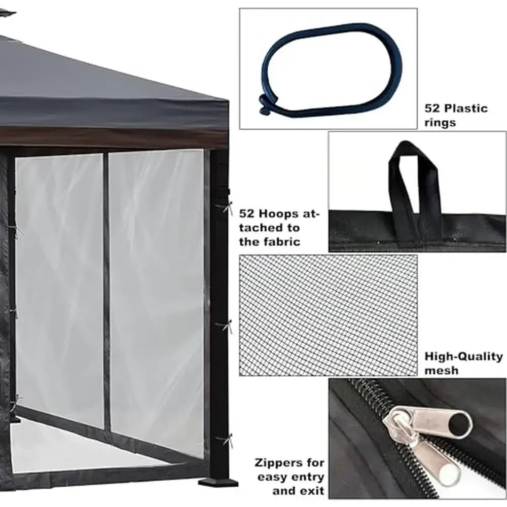 Universal 10x12 Outdoor Gazebo Canopy Mosquito Netting Black 4-Door Zipper 4-Panel Sidewall Curtain Durable Mesh Easy Install - Jimmys Supplies