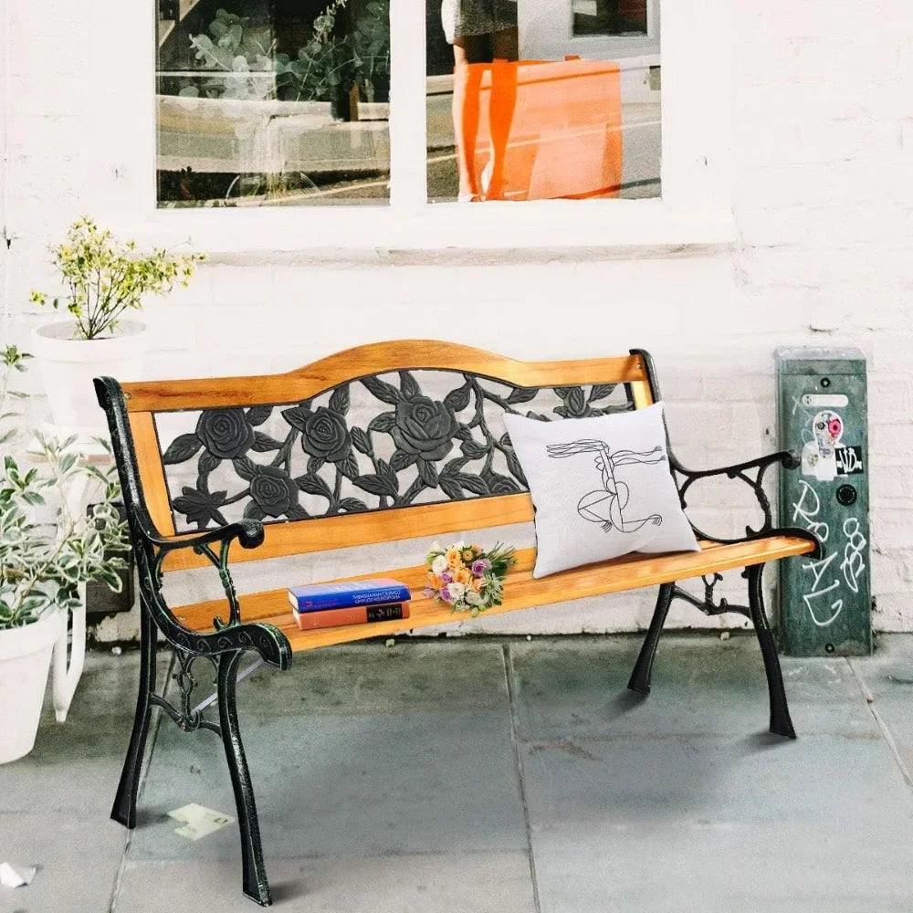 Patio Bench Outdoor Furniture Rose Cast Iron Hardwood Frame Porch Loveseat Weather Proof Porch Path Chair - Jimmys Supplies
