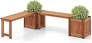 Set of 2 Outdoor Bench with Raised Garden Beds, 4-in-1 Wood Seat with Teak Oil Finish, Planter Boxes with Open-Ended Base, Gard