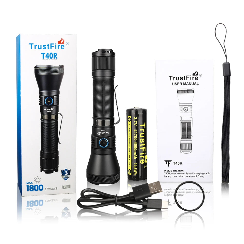 Trustfire T40R Army Tactical Led Flashlight 1800lumen 550meter Rechargeable 18650 Lamp With Usb Charging Self-Defense Ip68 Torch - Jimmys Supplies